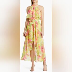 Eliza J Floral Halter Neck High-Low Dress NWT size 6 Yellow and Pink